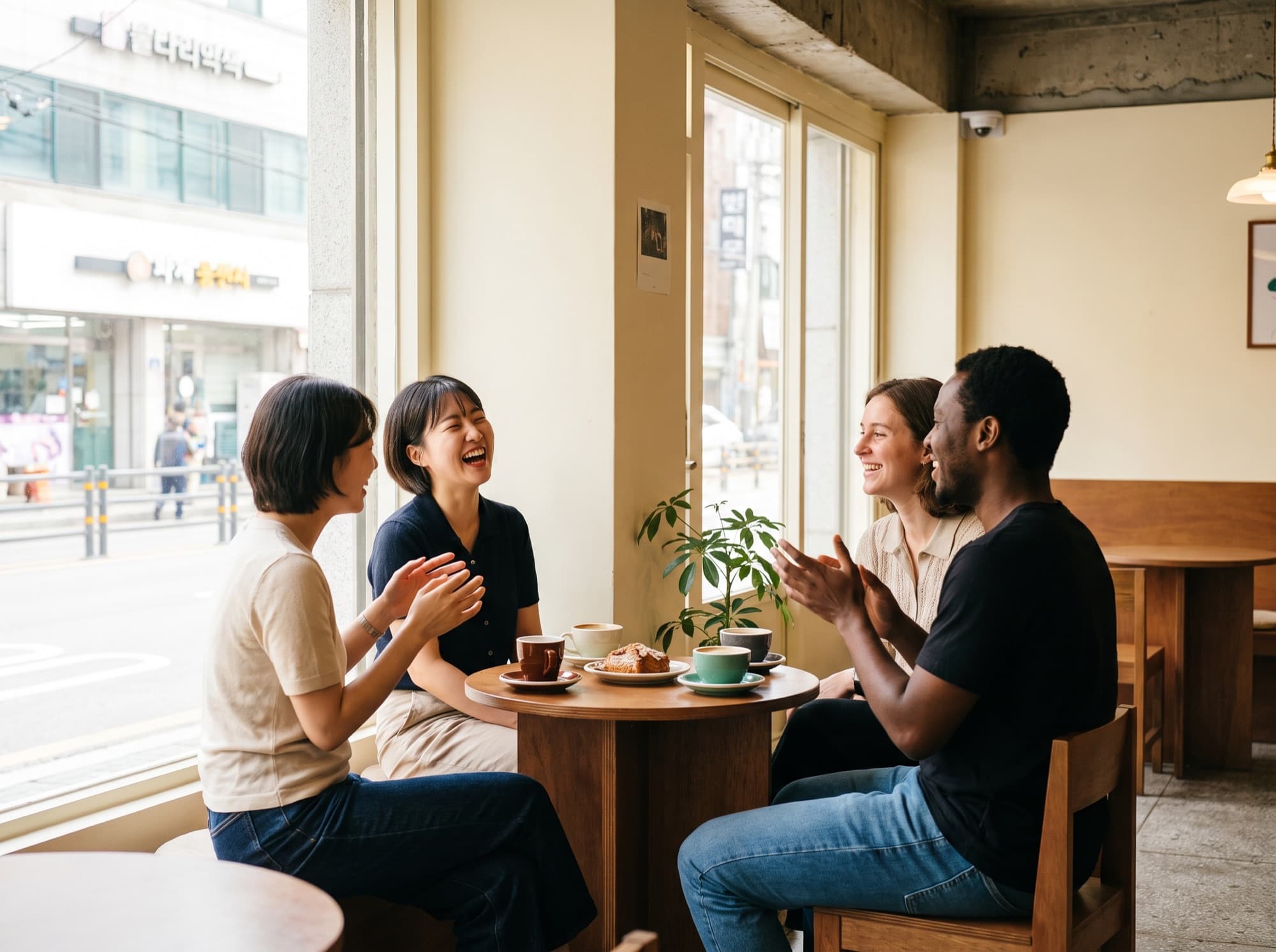 Two Korean and two international friends laughing together over coffee in a Seoul cafe