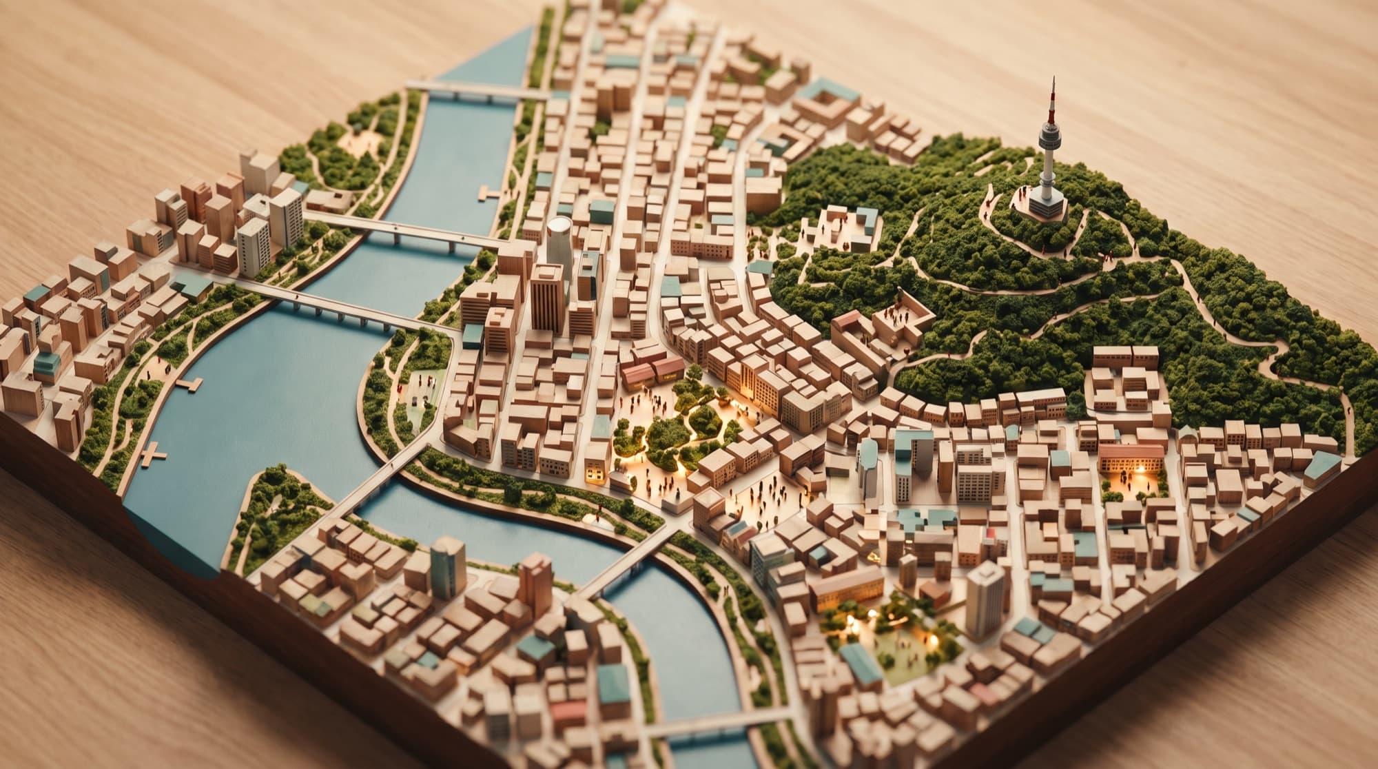 A miniature architectural model of Seoul, with the river, the hills and the neighbourhoods in between