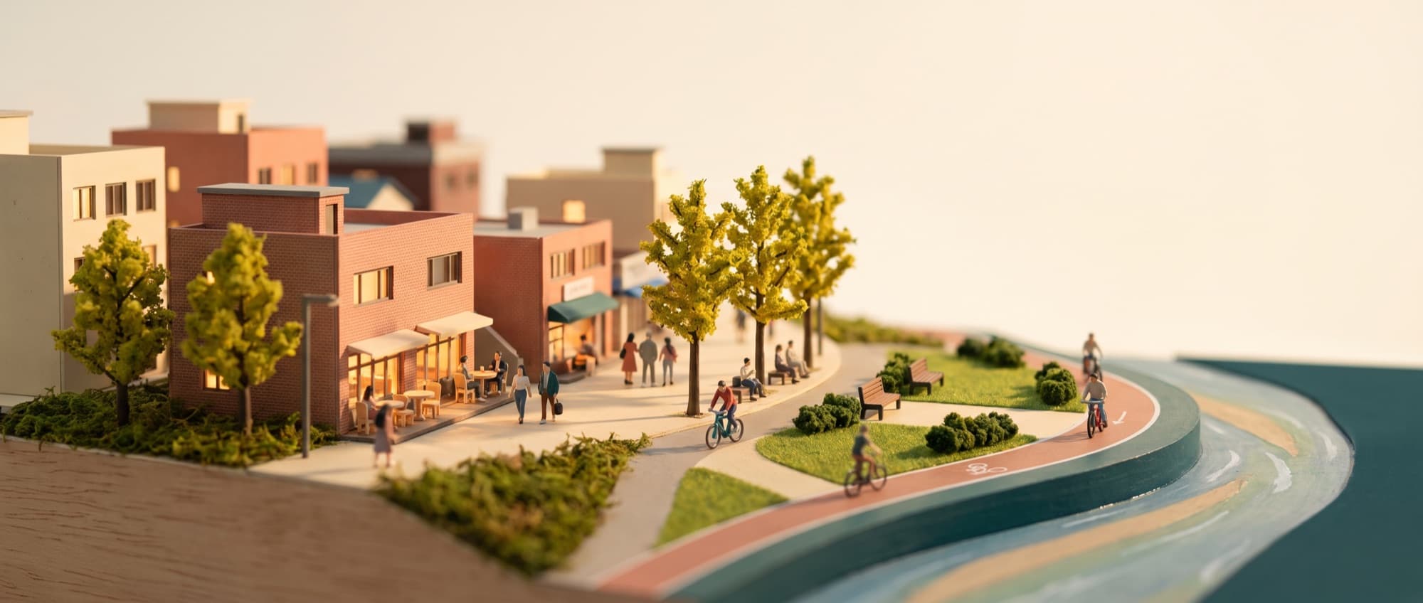 A miniature model of a Seoul street, with a cafe, a tree-lined pavement and a riverside cycling path