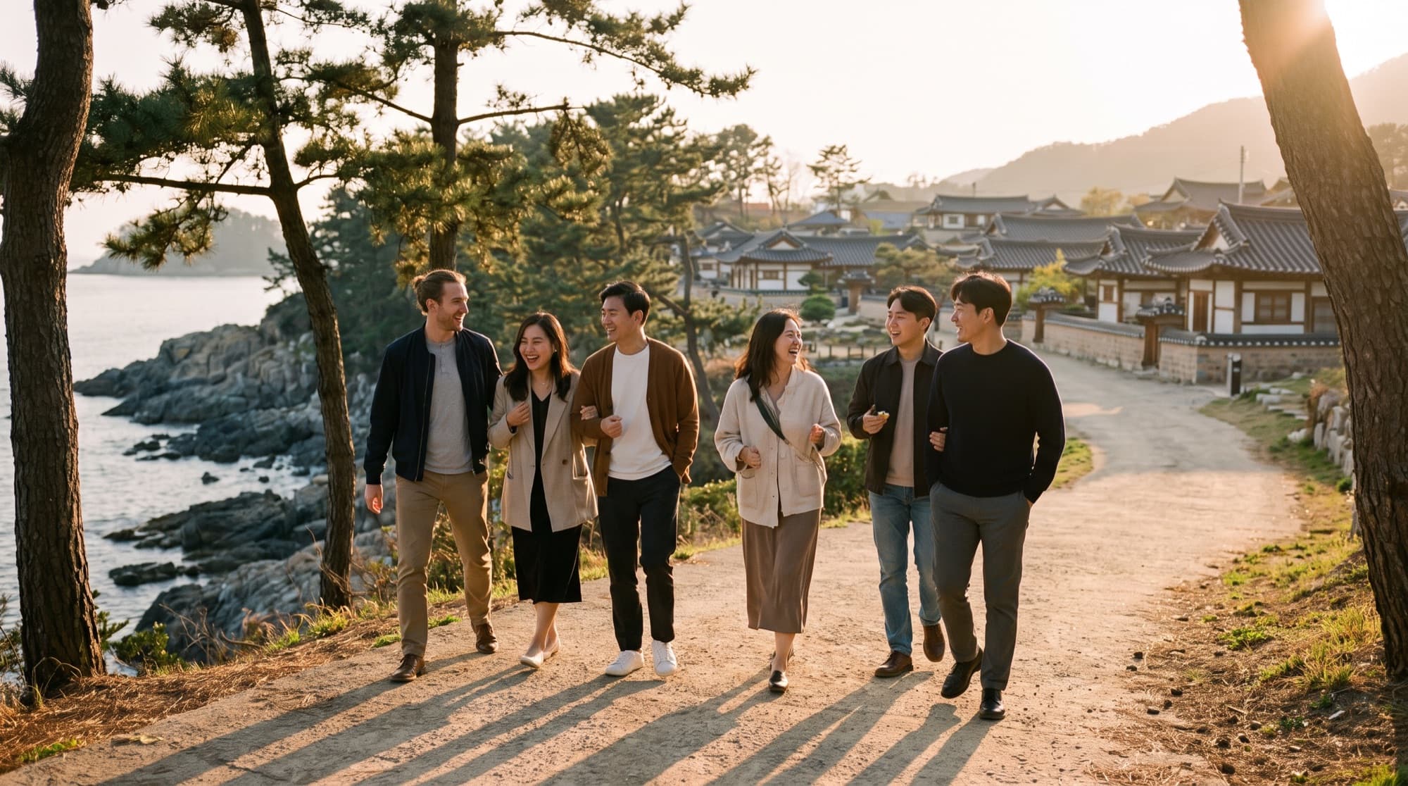A small group of Korean and international friends walking a coastal path near a hanok village