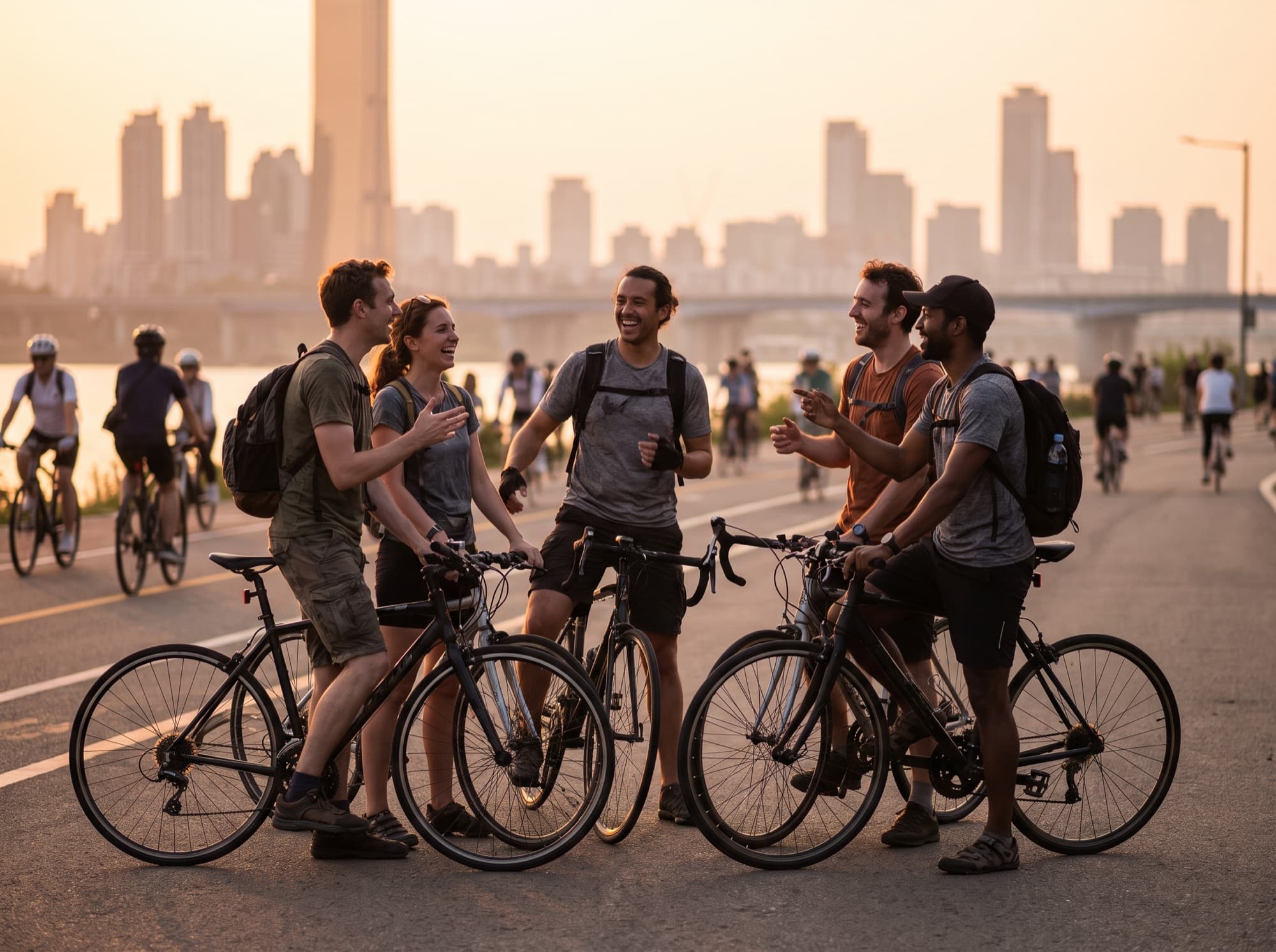 A mixed group of friends pausing with their bicycles on the Han River path at sunset